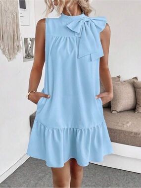 Sleeveless Light Blue Bow-Accent Women's Dress